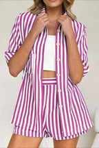Button Down Striped Short Sleeve Blouse Shorts Set