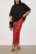 Sequin Fringe Slit Midi Party Skirt