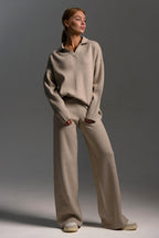 Polo Collar Knit Pullover Wide-Leg Pants Two Piece Set