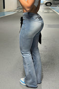 Vintage Printed Washed Low Waist Micro Flare Jeans