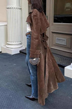 Vintage Caramel Brown Suede Long Trench Coat