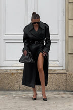 Knee-Length Heavy-Detail Faux Leather Overcoat