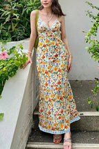 Spaghetti Strap Lace Backless Ruffle Floral Dress