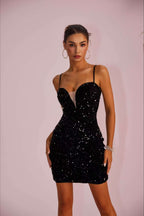 Spaghetti Strap Sequin Paneled Sheer Slit Party Dress
