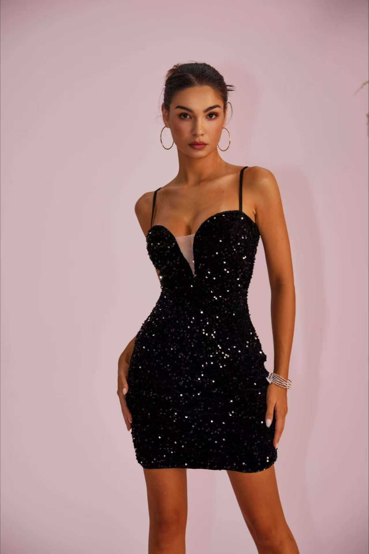Spaghetti Strap Sequin Paneled Sheer Slit Party Dress