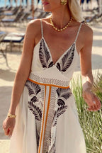 Classic Unique Printed Iinen Sexy V-Neck Bow Tie Waist Maxi Dress