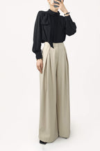 Black Long Sleeve Tie Neck Blouse