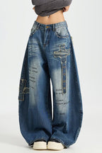 Rivet Patch Curved Leg Loose Retro Hip Hop Jeans