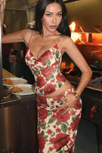 V Neck Floral Print Bodycon Maxi Skirt Set