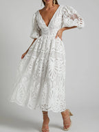 Rachele Premium Long Lace Dress with V Neck and Open Back Chic Silhouette Collection