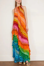 Rosha Georgette Crepe Tie-dye Print Layered Ruffles A-line Maxi Dress