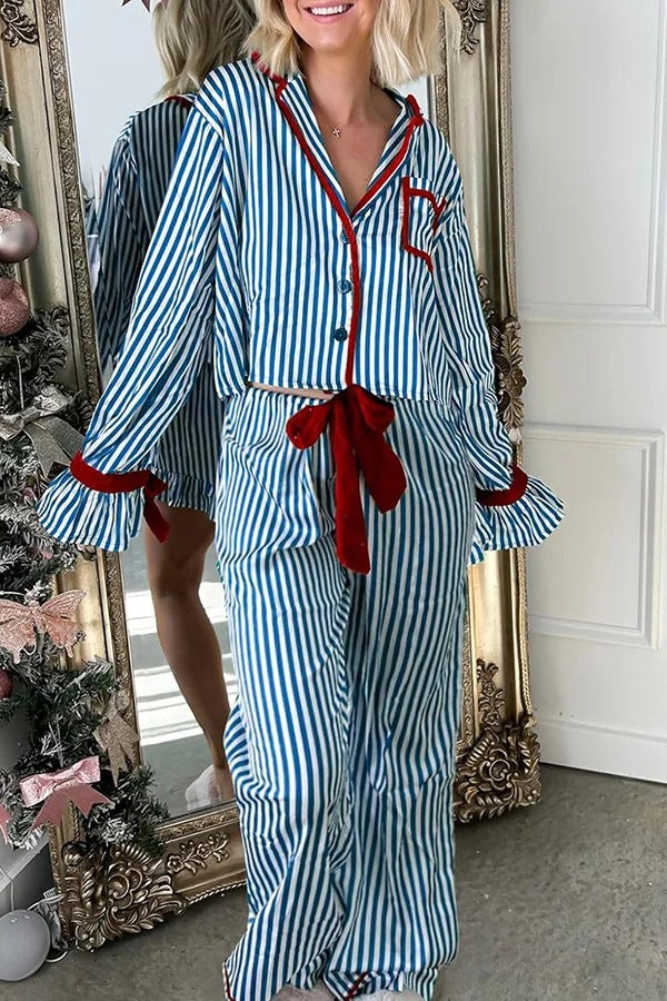Striped Printed Color-blocked Trim Long-sleeved Loose Top and Elastic Waist Belt Wide-leg Pants Set