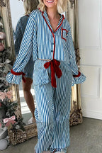 Striped Printed Color-blocked Trim Long-sleeved Loose Top and Elastic Waist Belt Wide-leg Pants Set