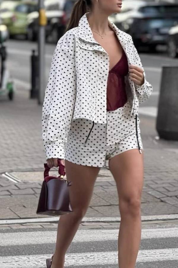Polka Dot Print Stand Collar Zip-Up Drawstring Cropped Jacket