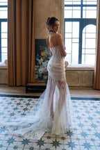 Lace Boned Bandeau High Slit Asymmetrical Reception Dress