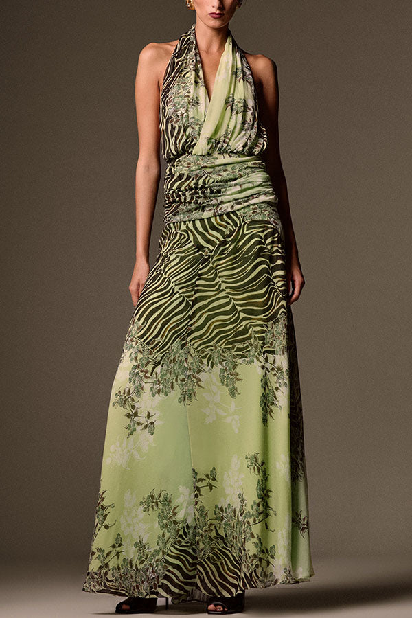 Lyra Floral and Animal Prints Ruched Waist Halter Backless Tank and High Rise Maxi Skirt Set