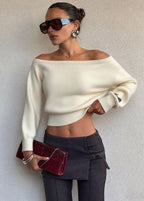 Off-Shoulder Cropped Knit Sweater – Minimalist Elegance