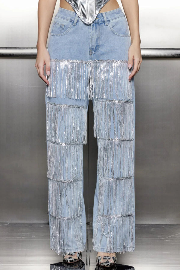 Stylish High-waisted Pocket Tassel Casual Straight Leg Jeans
