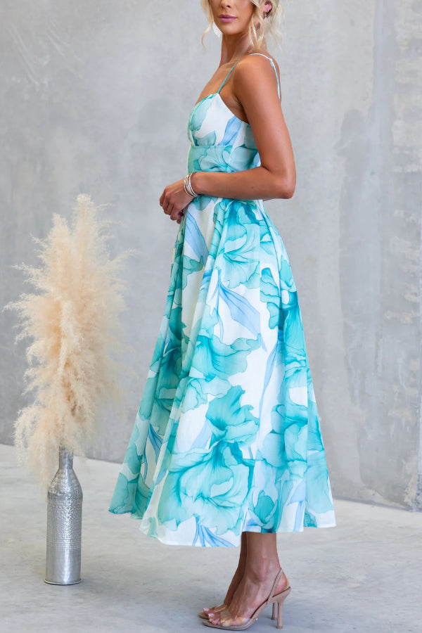 Floral Print Spaghetti Strap Backless Holiday Maxi Dress