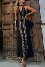 Irina Timeless Meret Gold Geometric Print Backless Halter Neck Stretch Maxi Dress Boutique Collection