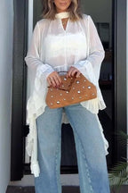 Flowy See-through Ruffle Tie-up Neck Bell Sleeve High-low Hem Cape Shirt