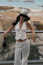 White Two Piece Halter Open Back Fitted Vest Pants Set