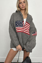 Chic Flag Graphic Knit Zippered Hoodie