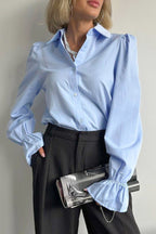 Blue Flare Sleeve Collared Blouse