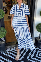 Women's Short Bubble Sleeve Striped Dress With Pockets