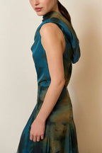 Ione Chiffon Ombré Print Cowl Neck Top and High Rise Maxi Skirt Set with Scarf