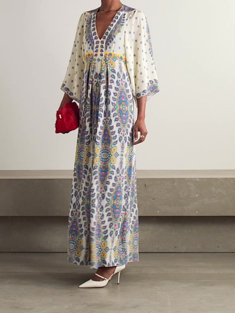 Casual Loose Printed V Neck Maxi Dress