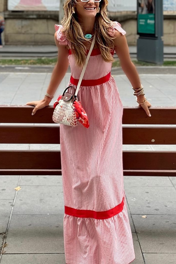 Stella Effortless Red and White Vertical Striped Long Dress with Bow Straps Premium Wardrobe Essential