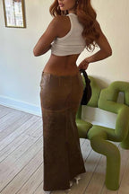 PU Leather Slim Fit Split Midi Skirt