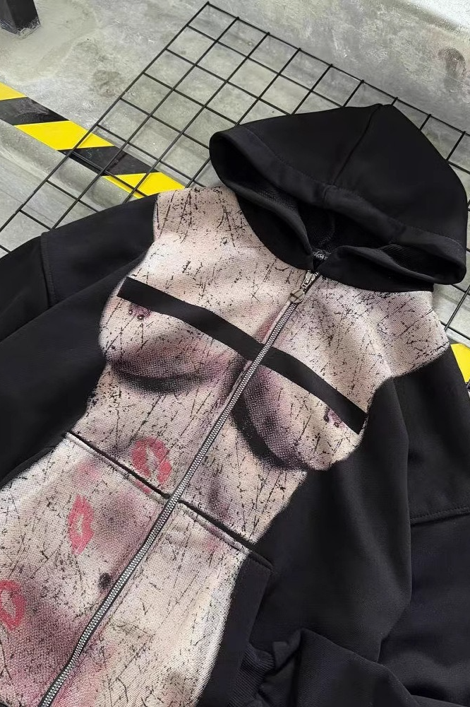 Harajuku Kiss Print Zip Long Sleeve Hoodie