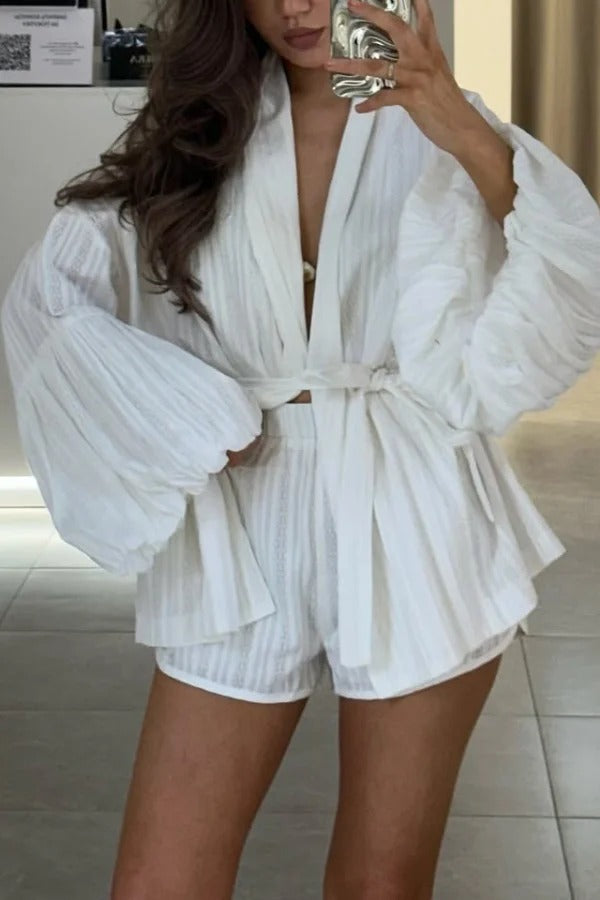 Solid Color Loose Long-sleeved Tie-front Top and Elastic Waist Casual Shorts Set