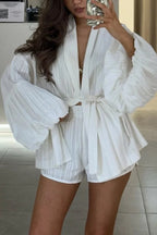 Solid Color Loose Long-sleeved Tie-front Top and Elastic Waist Casual Shorts Set