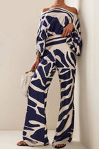 Casual Fashion Satin Printed Loose One-shoulder Neck Two-piece Suit