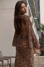 Deep V Leopard Tie Waist Bodycon Maxi Dress