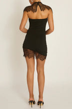 Fashionable Lace Shawl Strapless Slim-fit Lace Hem Mini Dress