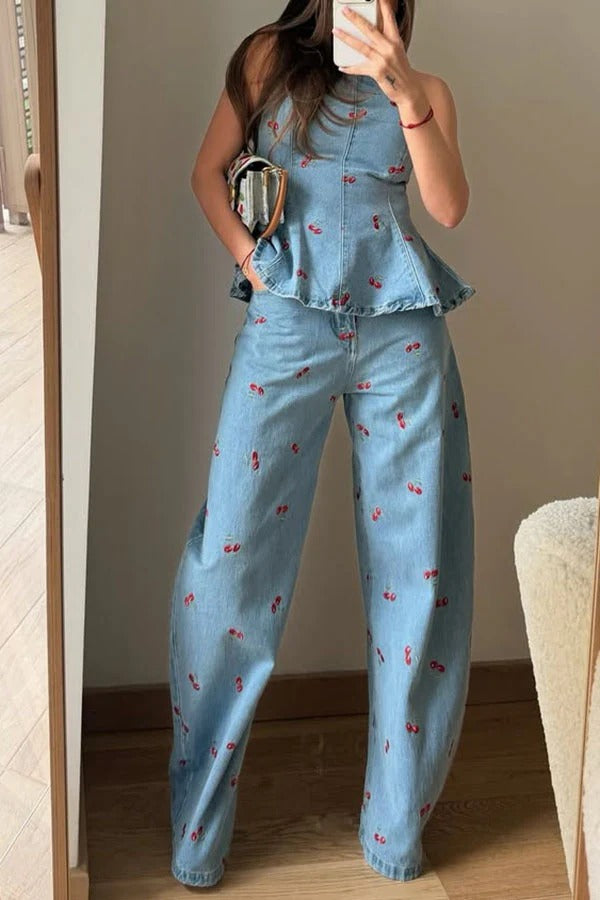 Sweet Casual Denim Cherry Print Princess Seams Flare Vest Top