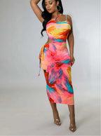 Tie Dye Spaghetti Strap Skew Neck Midi Dress