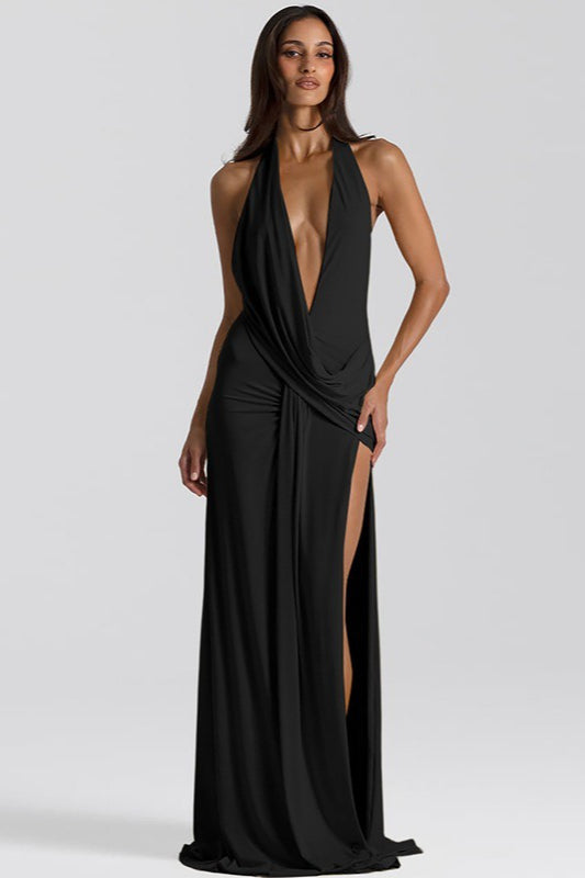 Deep V Halter Backless Slit Maxi Wrap Dress