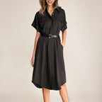 Black Dolman Sleeve Button-Up Tie Waist Shirt Midi Dress