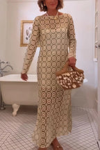 Summer Fashion Floral Crochet Cutout Fabric Long Sleeve Slit Vacation Midi Dress
