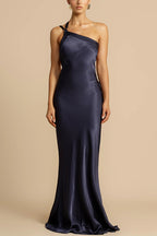 Moonlit Soiree Satin Asymmetrical One Shoulder Backless Strap Maxi Dress