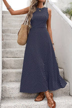 Multi-Color Polka Dot Backless Tie Sleeveless Flowy Maxi Dress