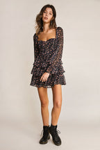 Black Floral Print Lace-Up Long Sleeve Tiered Mini Dress