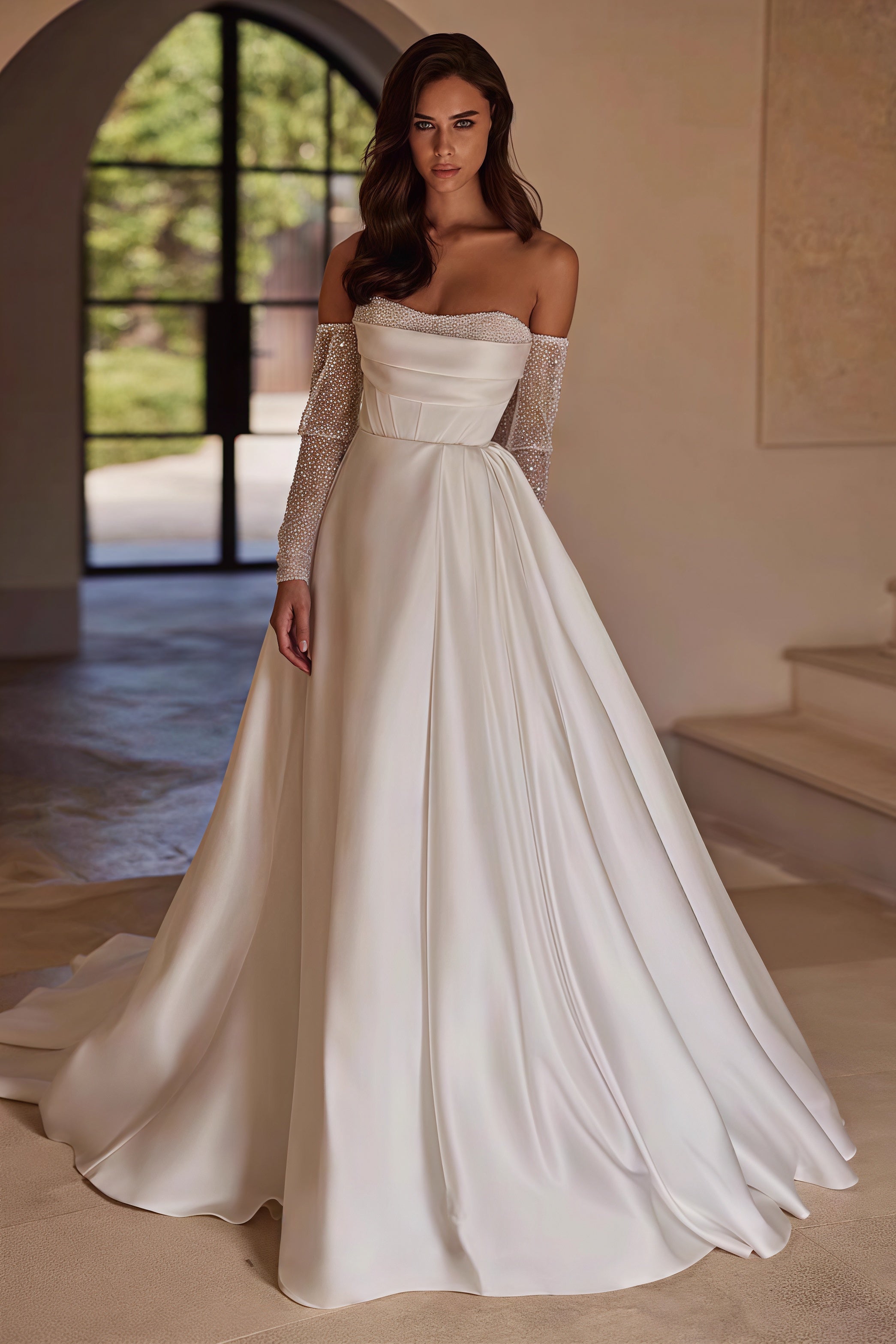 Strapless Beaded High Slit Satin Train Wedding Dress