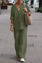 Solid Color Casual Long-sleeved Shirt and Elastic Waisted Loose Wide-leg Pants Set