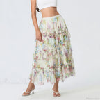 Early Fall Floral Print Ruffle Mesh Skirt Women A-line Midi
